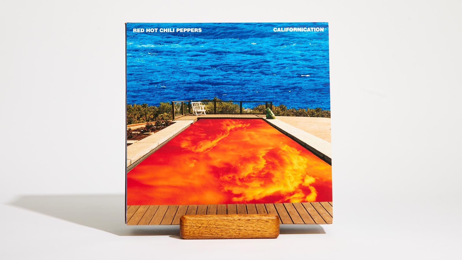 Modern record stand for displaying now playing albums + RHCP album cover