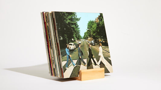 Retro-inspired vinyl display stand with bold design