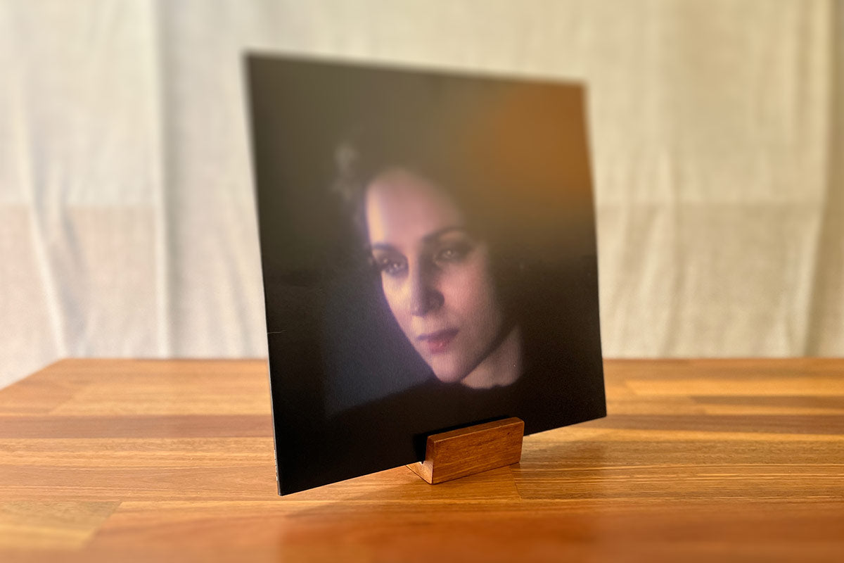Isometric photo of Monolith record stand displaying vinyl album “Myopia” by Agnes Obel