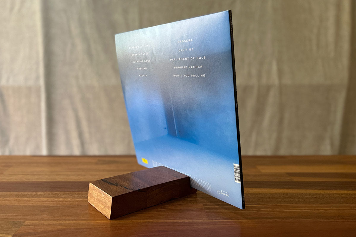 Rear photo of Monolith record stand displaying vinyl album “Myopia” by Agnes Obel