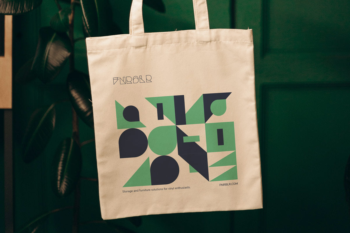 Photograph of the Totes Amazebag, a tote bag for carrying up to 15 vinyl LPs