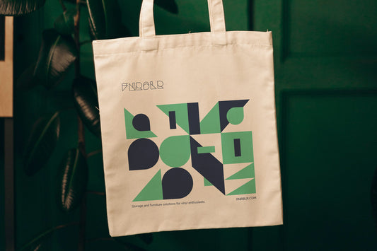 Photograph of the Totes Amazebag, a tote bag for carrying up to 15 vinyl LPs