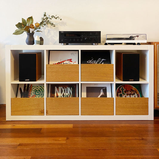 Set of six The Bale vinyl records drawers inside a white IKEA Kallax displaying vinyl records in a standard home hifi setup
