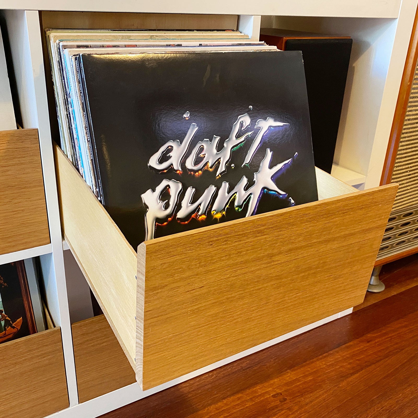 An example of an opened The Bale vinyl record drawer displaying Daft Punk’s “Discovery” album at the front
